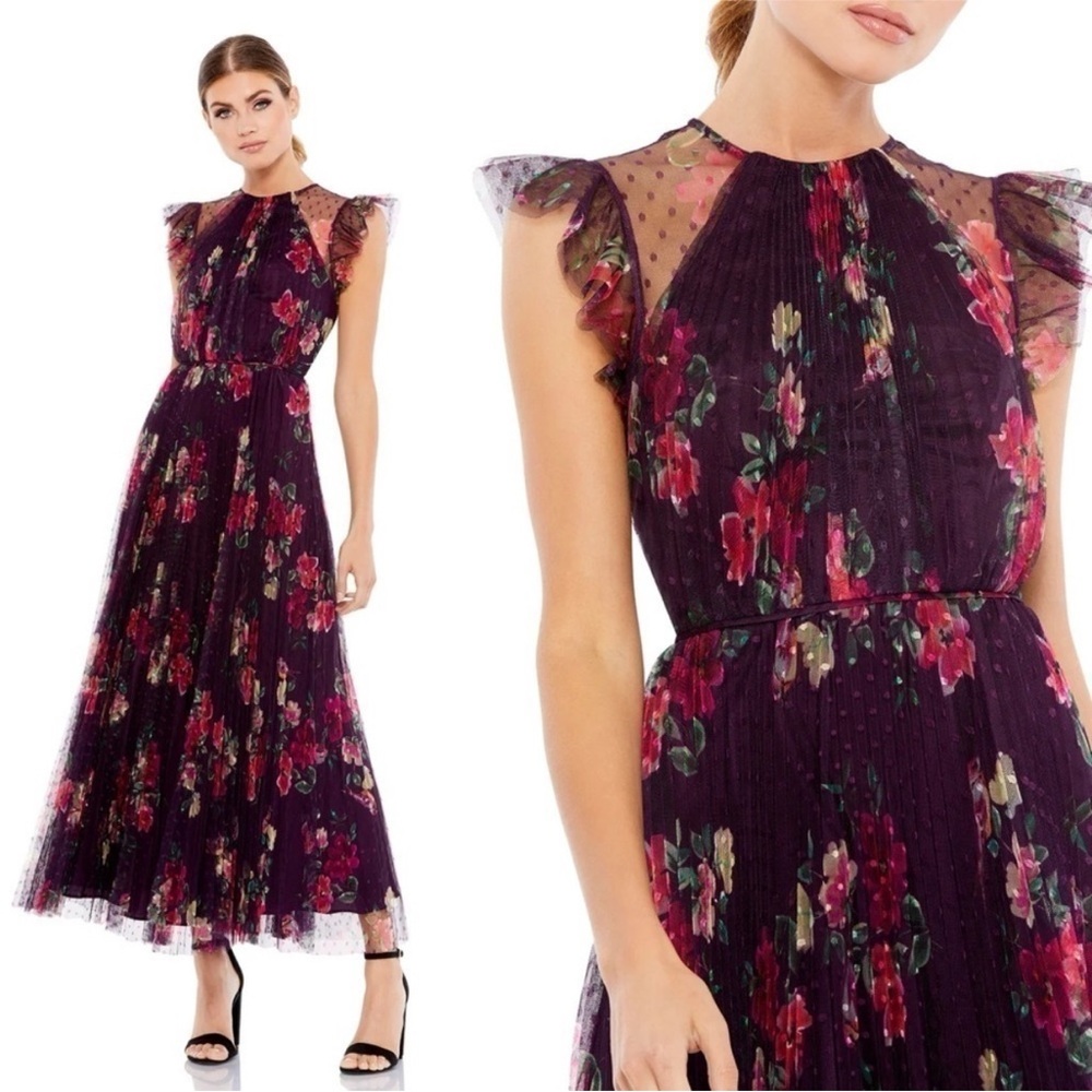 Mac Duggal Plum Floral Maxi Dress with Pink & Green Accents